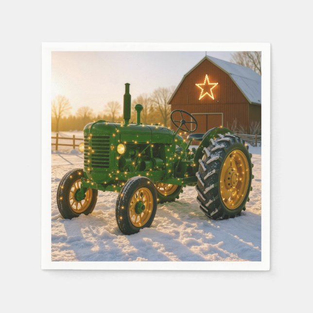 Julgrön traktor med lysande ljus pappersservett (Framsidan)