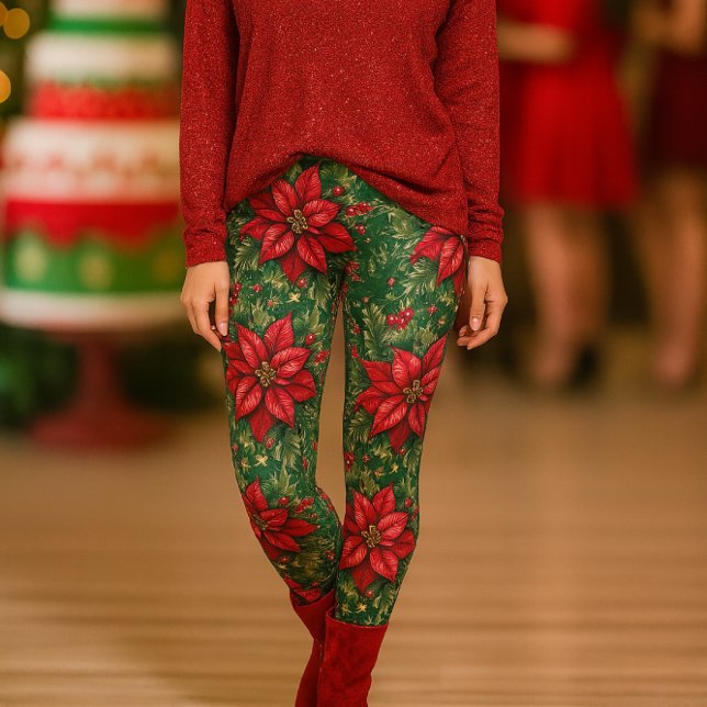Julgröna röda Poinsettia Blommiga Leggings (Holiday sparkle meets floral flair styled for joy, comfort, and festive gatherings.)