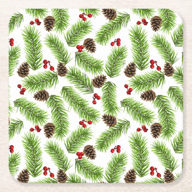 Julgröna tallbarr, kottar och röda bär underlägg papper kvadrat (Framsidan)