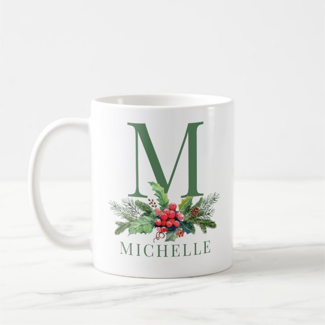Julgrönsaklig bukett blomster monogram namn kaffemugg (Vänster)