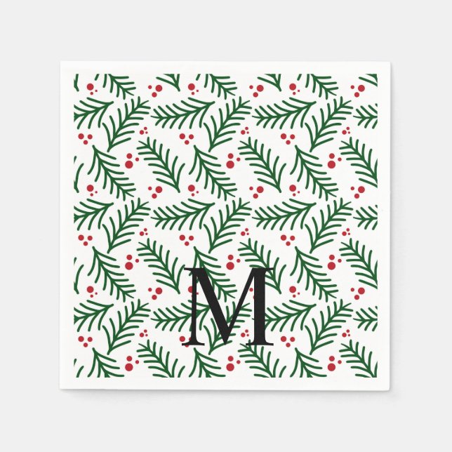 Julgrönska Bär INITIAL Modern Helg Pappersservett (Framsidan)