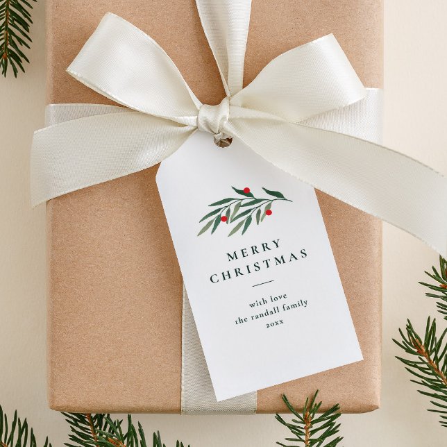 Julgrönska Blad Minimal Typografi Vit Presentetikett (Simple elegant red and green merry christmas gift tag with hand painted watercolor greenery sprig.)