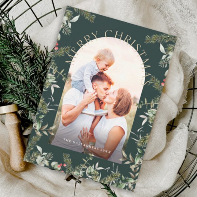 Julgrönt bladguld glitter foto julkort (Christmas greenery arch photo holiday card.)