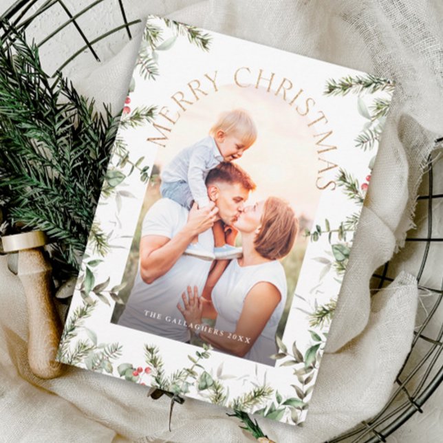 Julgrönt bladguld glitter foto julkort (Christmas greenery arch photo holiday card.)