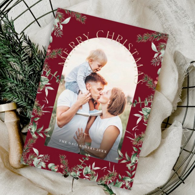 Julgrönt bladguld glitter foto julkort (Elegant Greenery Arch Photo Christmas Holiday Card.)