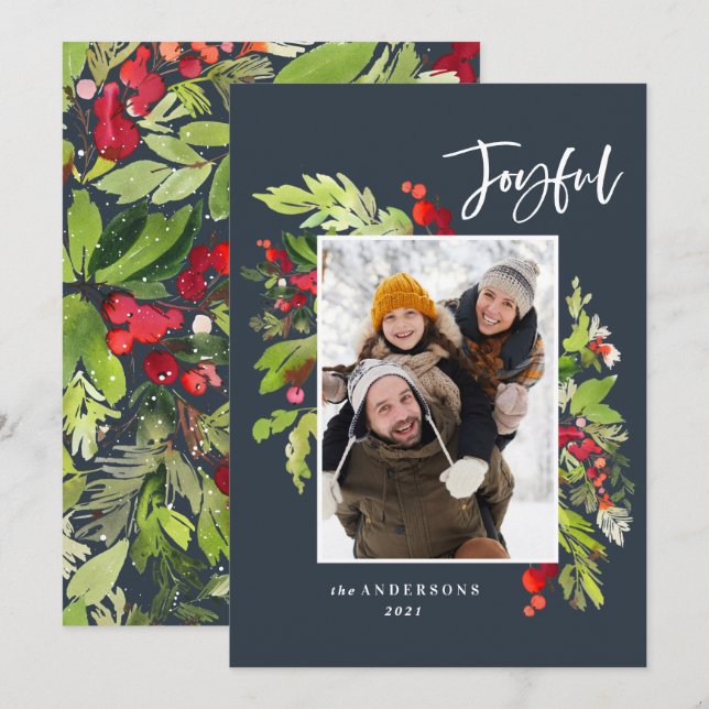 Julgrönt blått traditionellt rustikt foto julkort (Fram/baksida)