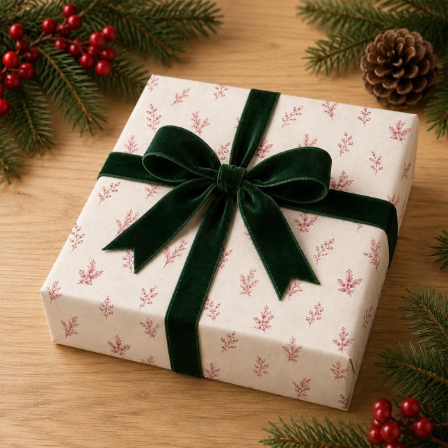 Julgrönt Elegant Röd Foliage Högtid Presentpapper (Elegant red botanical sprig wrapping paper brings vintage charm to Christmas gifts.)
