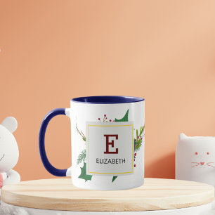 Julgrönt Elegant Röd Monogram Blå Mugg