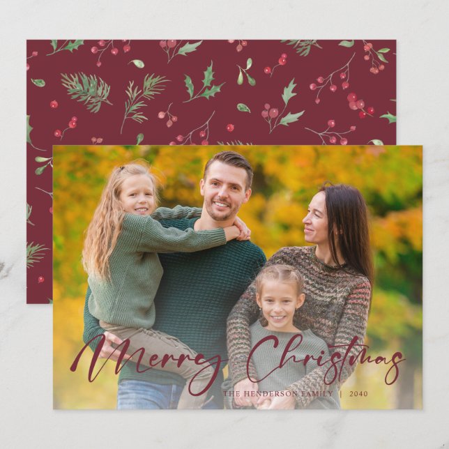 Julgrönt Familjefoto Högtidskort Julkort (Fram/baksida)