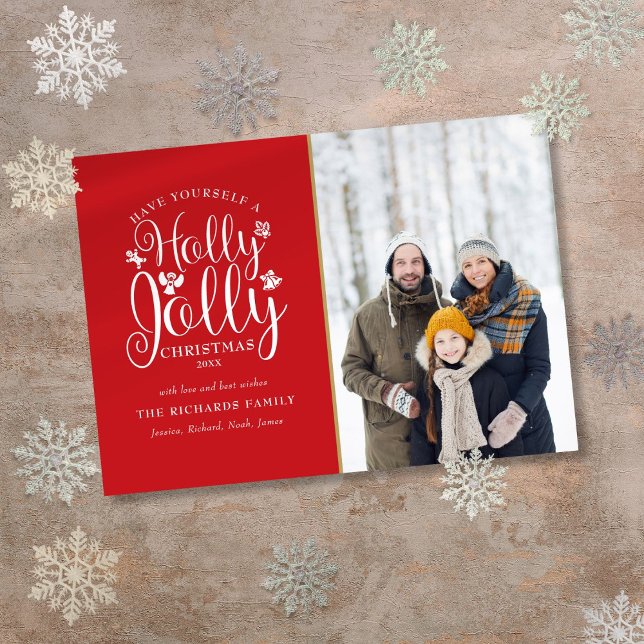 Julgrönt Glatt manus Modern Foto Julkort (Christmas Holly Jolly Script Modern Photo Holiday Card)