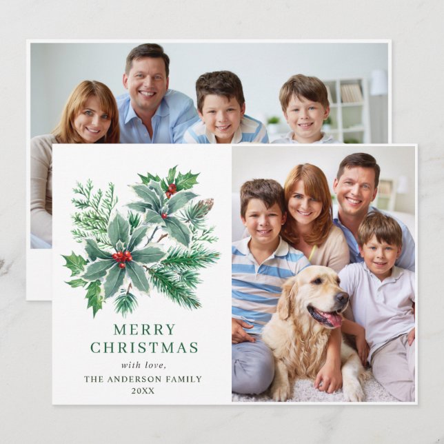 Julgrönt Holly Bär 2 FOTO Julhälsning Julkort (Fram/baksida)