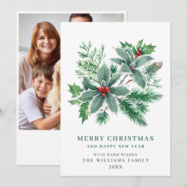 Julgrönt Holly Berry FOTO Julhälsning Julkort (Fram/baksida)