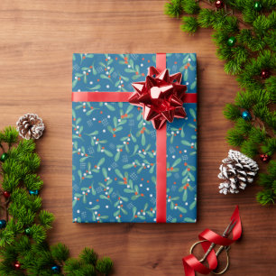 Julgrönt med järnekbär Blå Röd Vit Presentpapper