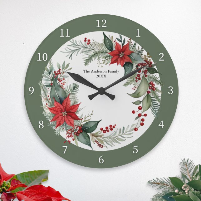 Julgrönt med röda julstjärnor Beställning Stor Klocka (A personalized winter wall clock, with red poinsettia flowers and green leaves)