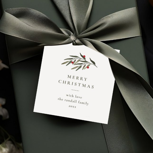 Julgrönt Minimal Typsnitt Vitt Present Gåvor Etiketter (Simple greenery leaves merry christmas holiday gift tags.)