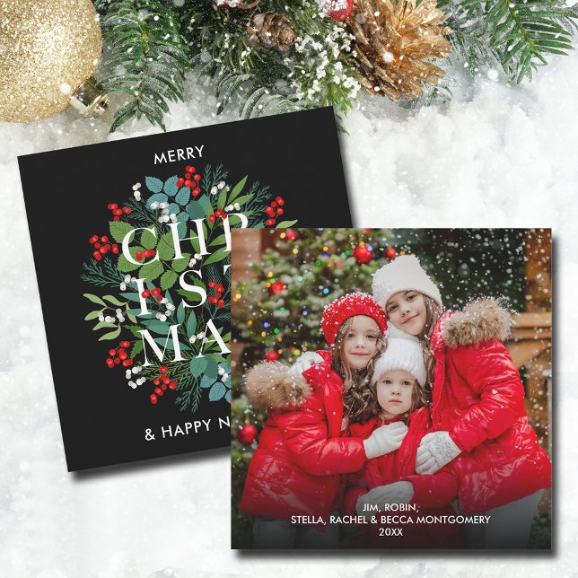 Julgrönt och bär Foto Julkort (Christmas Greens and Berries Photo Cards 5.25" square TAKES EXTRA POSTAGE, mail in 5" x 7" to avoid)