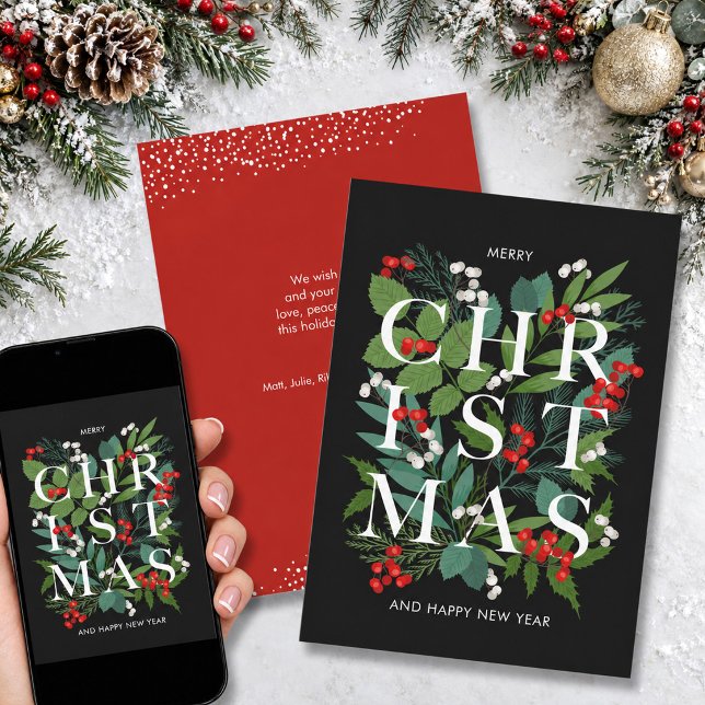 Julgrönt och bär julkort (Christmas greenery and berries flat holiday greeting cards, PRINTED and/or INSTANT DOWNLOAD)