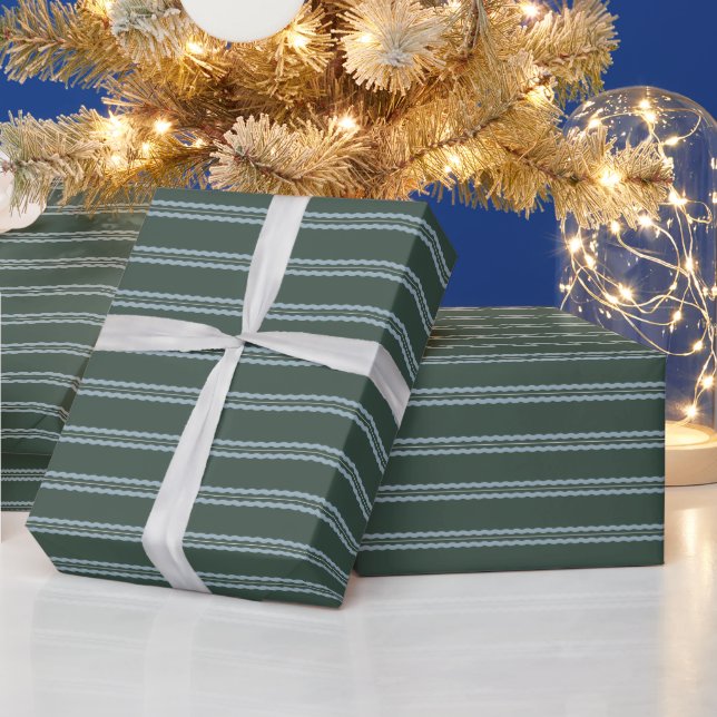 Julgrönt och blått vågigt randigt tema presentpapper (Helgdagar)