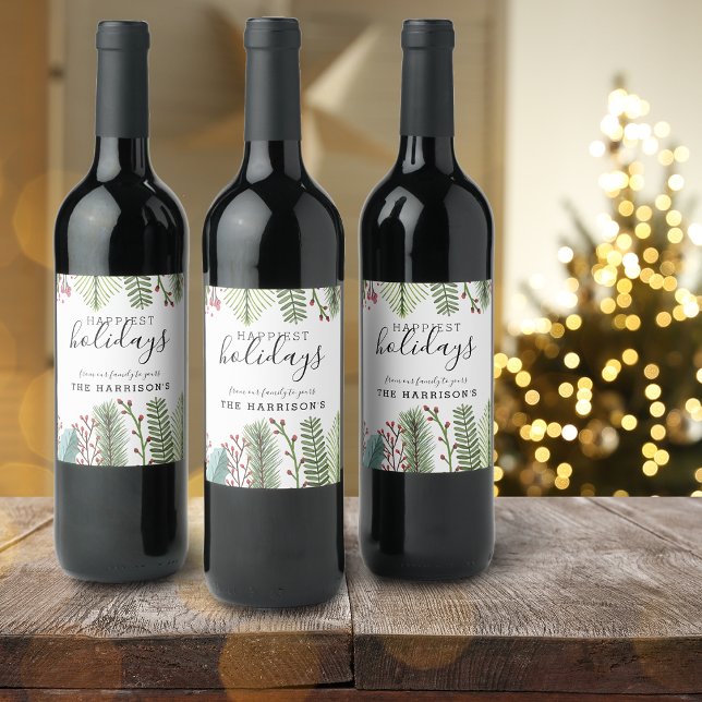 Julgrönt Personligt Vinflaska Etikett (Holiday Foliage Christmas Personalized Wine Label)