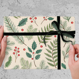 Julgrönt röda bär tall jul presentpapper