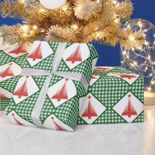 Julgrönt rutigt mönster med röd julgran presentpapper