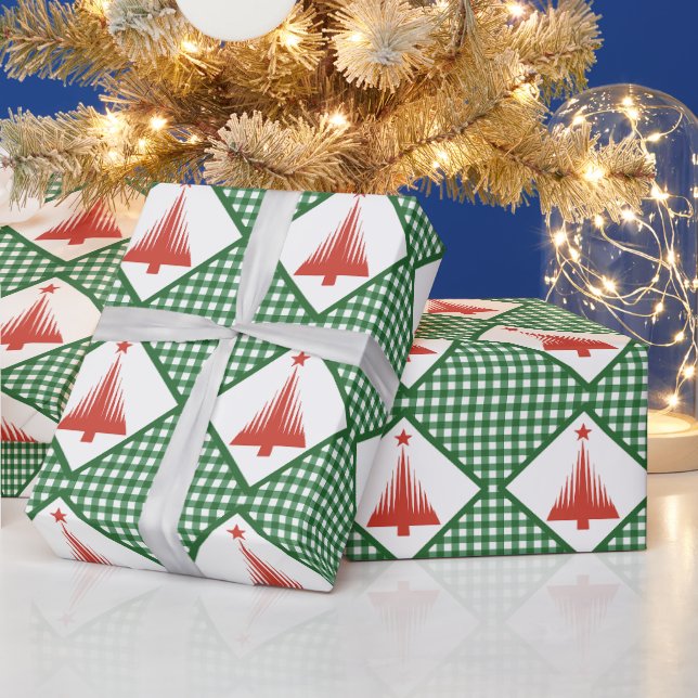 Julgrönt rutigt mönster med röd julgran presentpapper (Helgdagar)