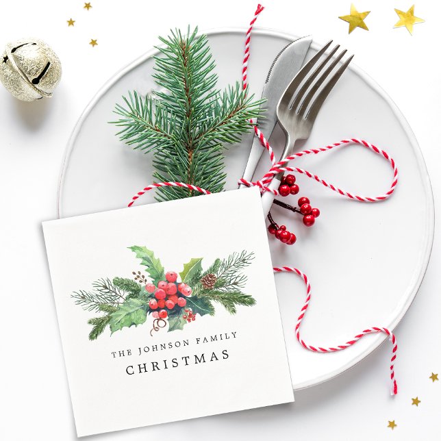 Julgrönt vattenfärgsbukett pappersservett (Christmas Greenery Watercolor Bouquet Napkins)