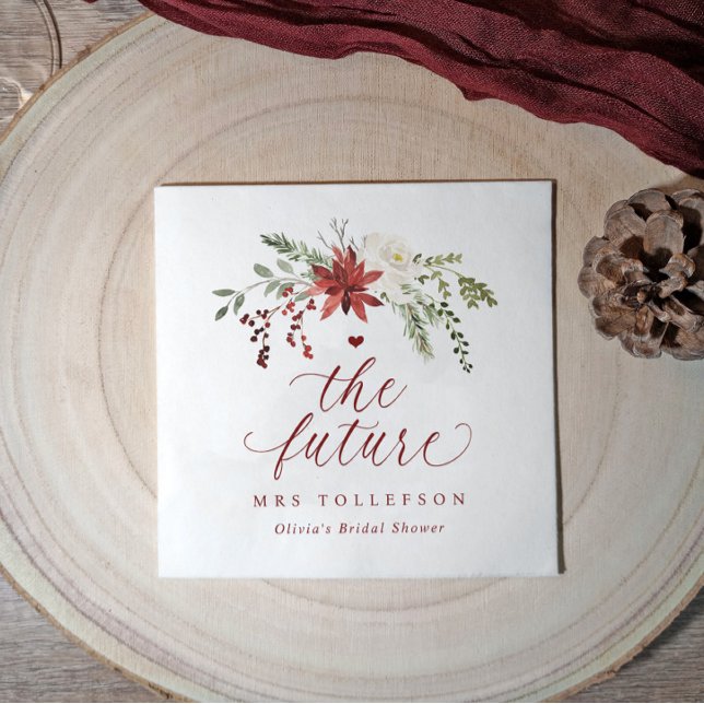 Julgrönt Vinter Bröllopsdusch Bröllop Pappersservett (Elegant winter wedding personalized bridal shower napkins with watercolor greenery & berries.)