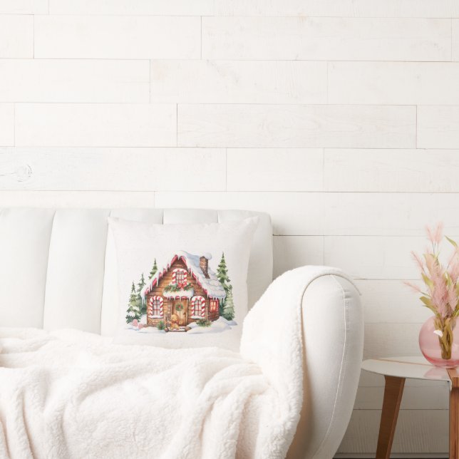 Julgrött hus i snöflingor kudde (Soffa)