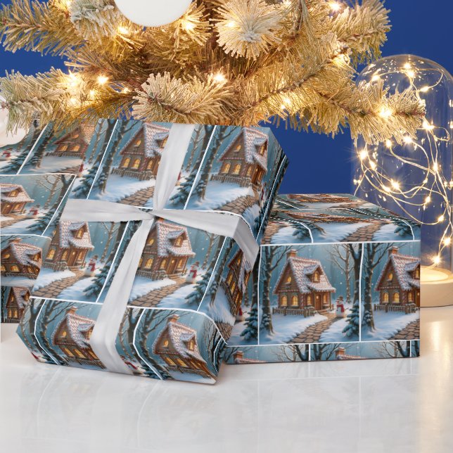 Julgrött hus med en snöman  presentpapper (Helgdagar)