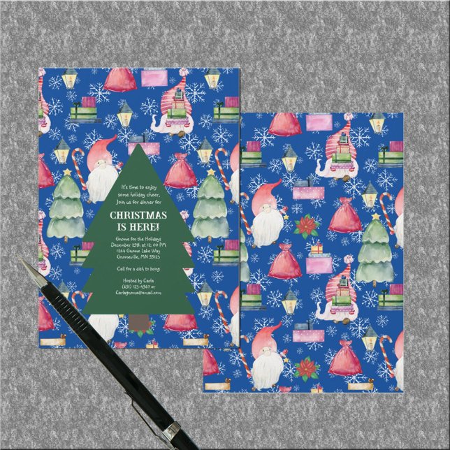 Julgrum för Helgdagar Träd Mönster Blue Inbjudningar (Christmas Gnome for Holidays Tree Pattern Blue Invitation)