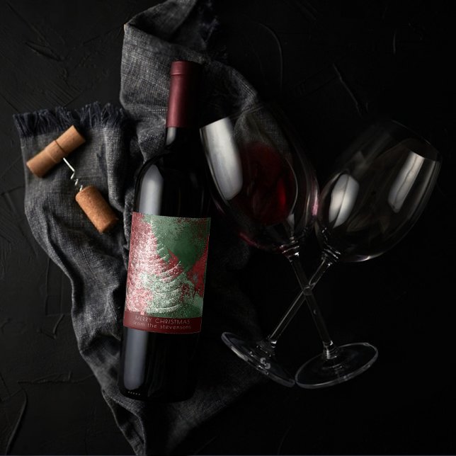 Julgrunge | Röd Grönt och Vita Julafton Träd Vinflaska Etikett (Skapare uppladdad)