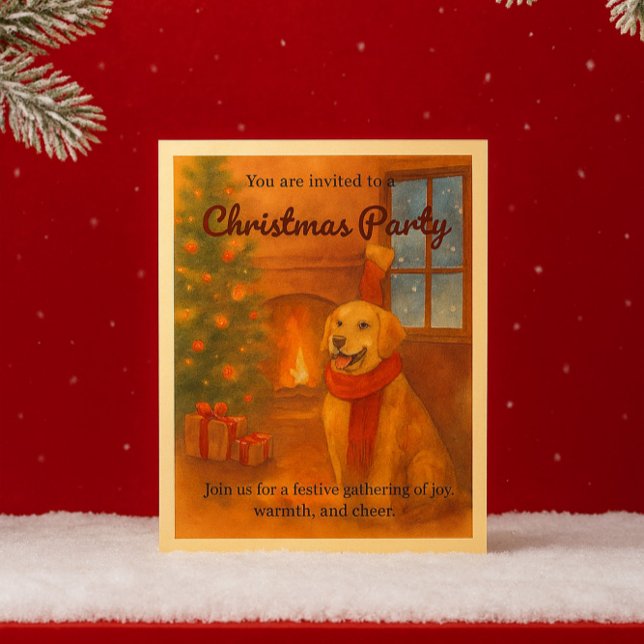 Julgrytande inbjudan för Golden Retriever (Cozy vibes & wagging tails  A zazzlemade card for your Christmas cheer! #zazzlemade #dogmas)