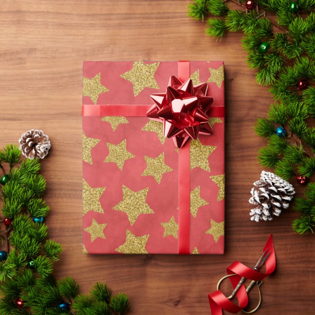 Julgyllene glitterstjärna på akrylfärg röda presentpapper (Julgåva)