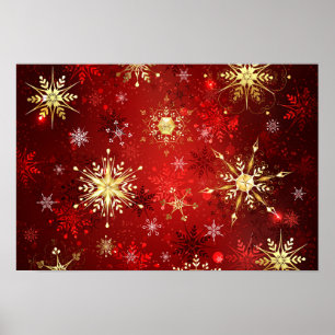 Julgyllene snöflingor på röd bakgrund poster