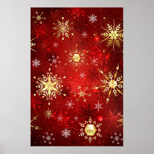 Julgyllene snöflingor på röd bakgrund poster