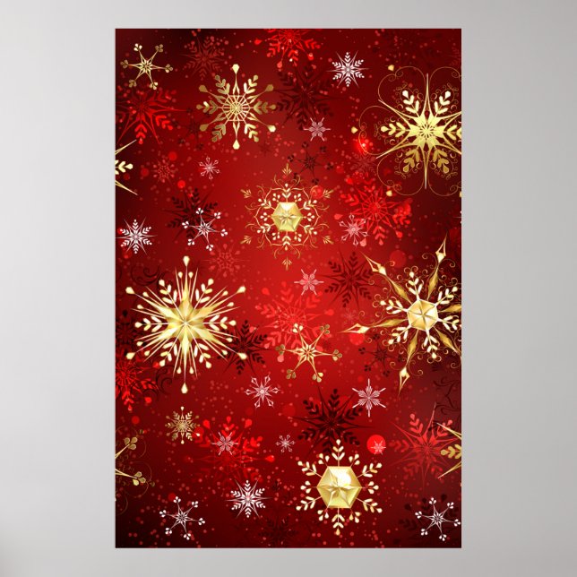 Julgyllene snöflingor på röd bakgrund poster (Framsidan)