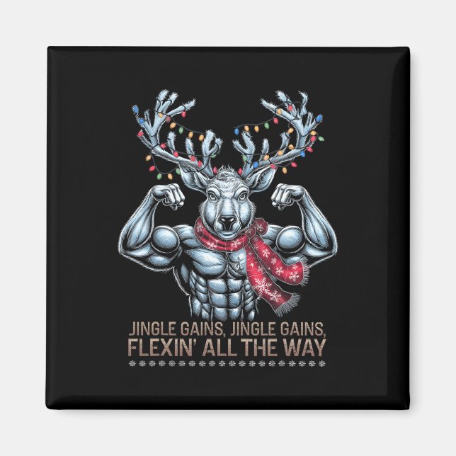 Julgymmet Workout Reindeer Gains Flexing All T Magnet (Framsidan)