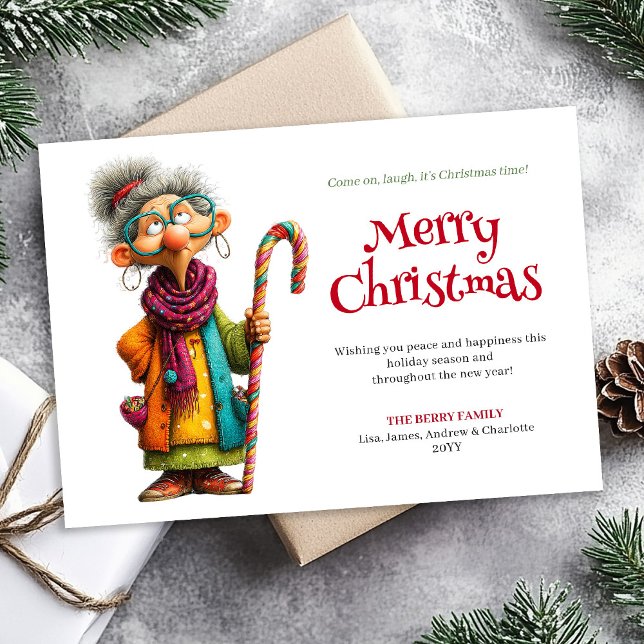 Julhälsning för damen, redigerbar nedladdning julkort (Comic Lady Christmas Greeting Editable Download)