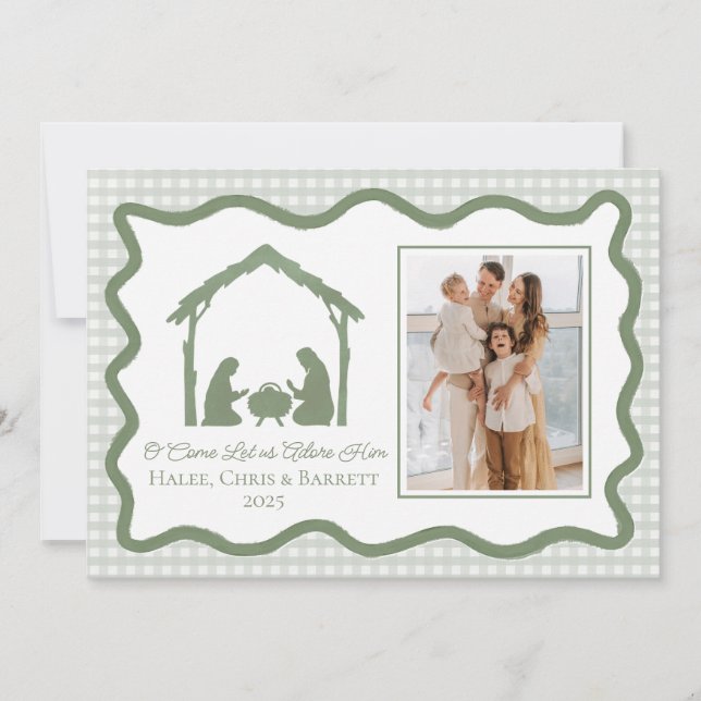 Julhälsning med julkrubba, familjefoto för helgen julkort (Framsida)