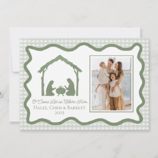 Julhälsning med julkrubba, familjefoto på helgen julkort