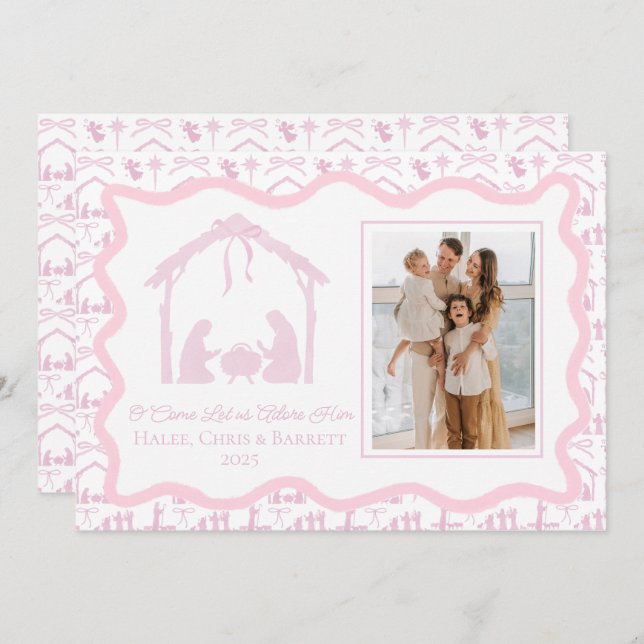 Julhälsning med julkrubba, familjefoto till högtid julkort (Fram/baksida)