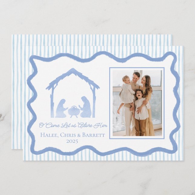 Julhälsning med julkrubba, familjefoto till julen (Fram/baksida)