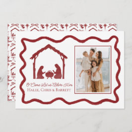 Julhälsning med julkrubba, familjefoto under högti julkort