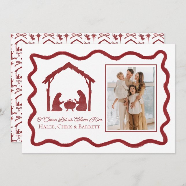 Julhälsning med julkrubba, familjefoto under högti julkort (Fram/baksida)