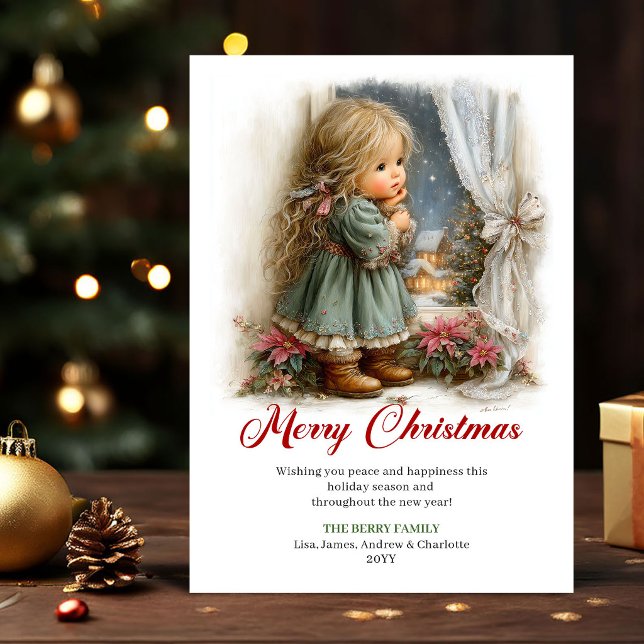 Julhälsning Söt Liten Flicka Högtidsstämning Julkort (Christmas Message Cute Little Girl Holiday Scene)