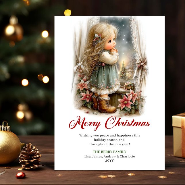 Julhälsning Söt Liten Flickas Julscen Konst Julkort (Xmas Greeting Cute Little Girl Christmas Scene Art)