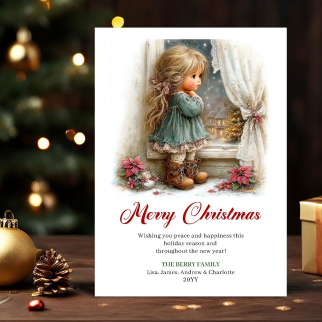 Julhälsning Söt Liten Flickas Vinterscen Konst Julkort (Holiday Greeting Cute Little Girl Winter Scene Art)
