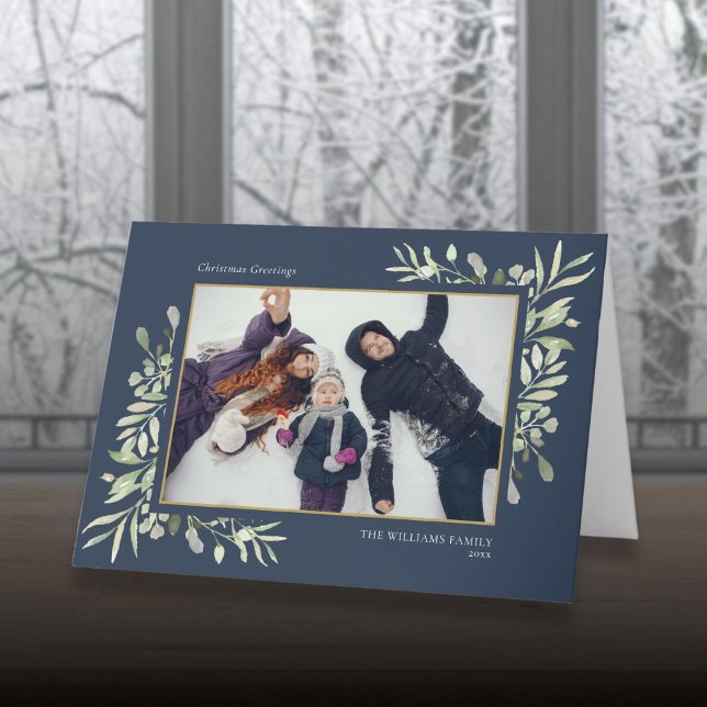 Julhälsningar Foto Elegant Grönska Modern Helgkort (Christmas Greetings Photo Elegant Greenery Modern Holiday Card)