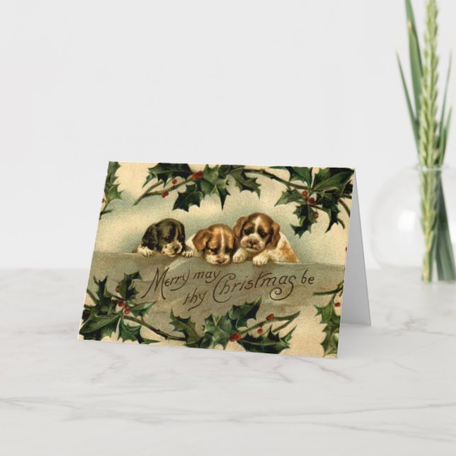 Julhälsningar från valp och järnek kort (Framsida)